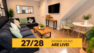 Modern student house living room in Liverpool with grey sofas and contemporary furnishings, featuring a yellow banner announcing Address Properties' 2027/28 student houses are now live.